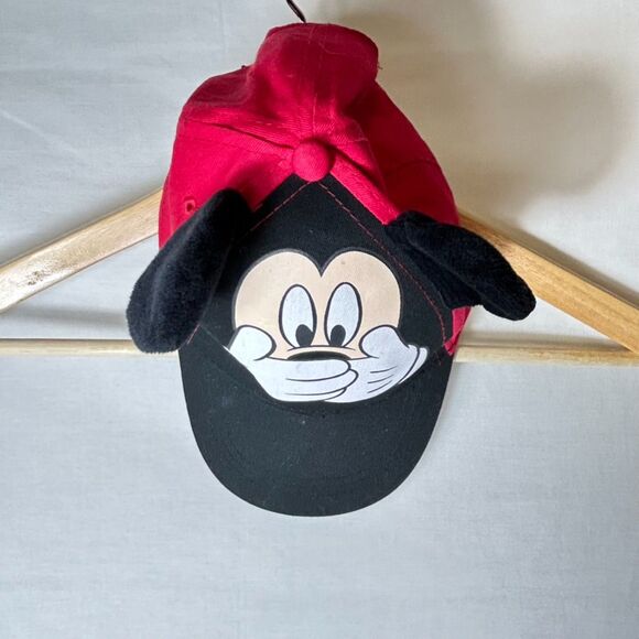 Disney Mickey Mouse Black Red Hands On Mouth Plush Ears Baseball Cap Youth - Picture 2 of 10